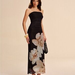Commense Black Strapless Dress with Floral Design